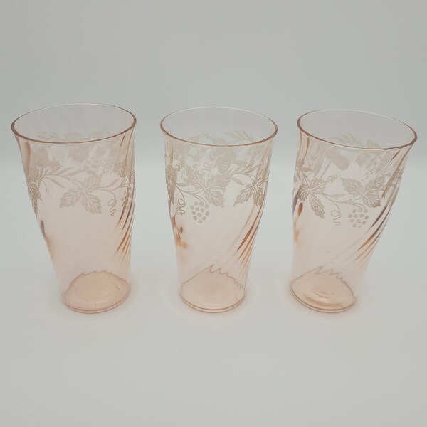 Antique Blush Pink 1927 Bartlett Collins Set of 3 Depression Glass Tumbler Swirl Pattern Glass Scrolling Etched Sugared Pattern Around Tops