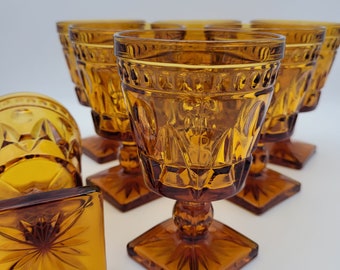 1960's Deep Gold Amber Goblets Water Glasses Set of 7 Park Lane Pattern Colony Indiana Glass Co Square Pedestal Bases Excellent Condition