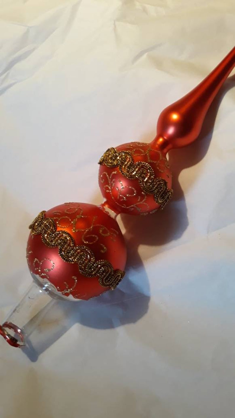 Festive Red Gold and Green Vintage Blown Glass Christmas Tree Topper with Gold Ric Rac Tiny Jewels Glittery Swirls and a Pearly Red Finish