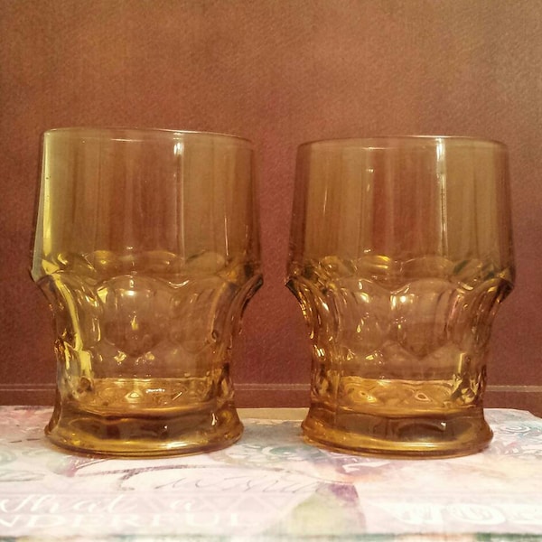 Vintage Golden Glass Tumblers Georgian Anchor Hocking Amber Highball Rocks Water Glasses 9 oz Set of 2 Home Bar Ware Mid Mod Chic