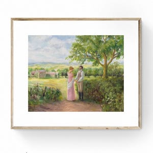 Puede incluir: Una pintura de paisaje enmarcada representa a una pareja tomados de la mano en un camino. La mujer viste un vestido rosa y el hombre un chaleco. Un gran &aacute;rbol da sombra. El fondo muestra un campo, edificios y un cielo nublado.