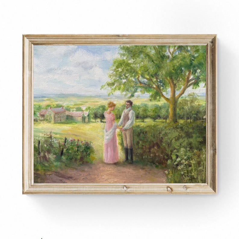 Puede incluir: Pintura enmarcada que representa a una pareja tomados de la mano en un camino en un paisaje rural. La mujer lleva un vestido rosa, y el hombre un chaleco y pantalones. Un gran &aacute;rbol y un seto est&aacute;n a la derecha, con campos y edificios al fondo.
