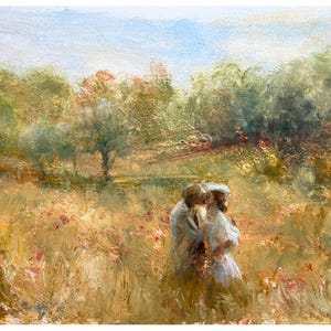 May include: An impressionistic oil painting depicts two figures in white robes standing in a field of tall, golden grass. The background features trees and a blue sky, creating a serene landscape.