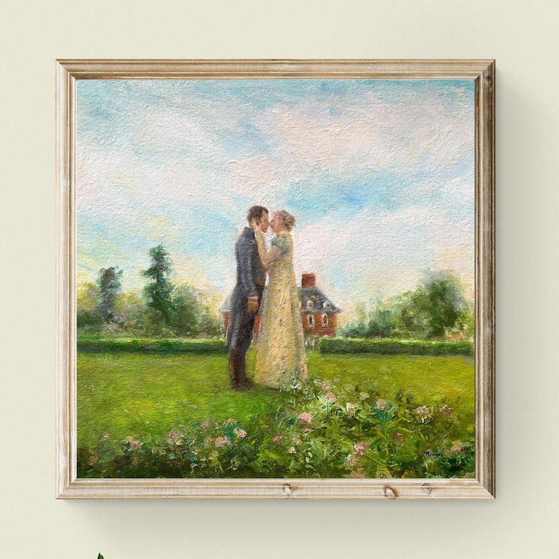 Puede incluir: Pintura al &oacute;leo enmarcada que representa a una pareja bes&aacute;ndose en un jard&iacute;n. El hombre viste un traje oscuro y la mujer un vestido largo y claro. Una casa se encuentra al fondo, bajo un cielo azul.