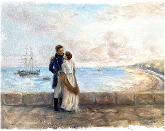 May include: An oil painting depicts a couple standing on a stone wall, gazing at a ship on the sea. The man wears a blue coat, and the woman is in a white dress. The sky is cloudy, and the beach is visible in the background.