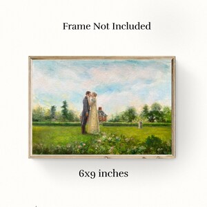 Puede incluir: Pintura al &oacute;leo enmarcada que representa a una pareja abraz&aacute;ndose en un campo, con una casa al fondo. La pintura mide 15 x 23 cm. El cielo es azul con nubes, y la escena est&aacute; ambientada en un campo verde con &aacute;rboles.