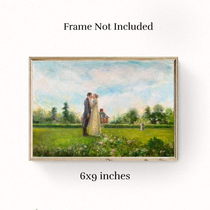 Puede incluir: Pintura al &oacute;leo enmarcada que representa a una pareja abraz&aacute;ndose en un campo, con una casa al fondo. La pintura mide 15 x 23 cm. El cielo es azul con nubes, y la escena est&aacute; ambientada en un campo verde con &aacute;rboles.