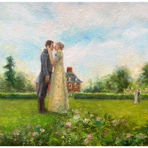 Puede incluir: Una pintura al &oacute;leo representa una escena rom&aacute;ntica de una pareja abraz&aacute;ndose en un jard&iacute;n. El hombre lleva un abrigo oscuro y la mujer un vestido amarillo. Una casa con tejado rojo se encuentra al fondo, y otra pareja se ve a lo lejos.