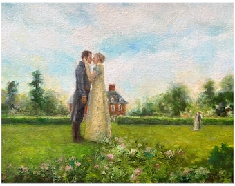 May include: An oil painting depicts a romantic scene of a couple embracing in a garden. The man wears a dark coat, and the woman is in a yellow gown. A house with a red roof is in the background, and another couple is seen in the distance.
