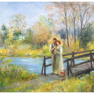 May include: An oil painting depicts a couple standing on a wooden bridge over a river. The scene is set in autumn, with colorful trees and a house in the background. The woman holds a basket of apples.