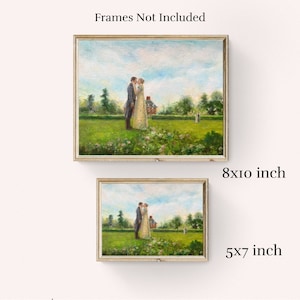 Puede incluir: Dos impresiones art&iacute;sticas enmarcadas, 20x25 cm y 13x18 cm, representan a una pareja abraz&aacute;ndose en un jard&iacute;n. La obra de arte presenta a una pareja con ropa de &eacute;poca, una casa y &aacute;rboles. El texto "Frames Not Included" est&aacute; en la parte superior.