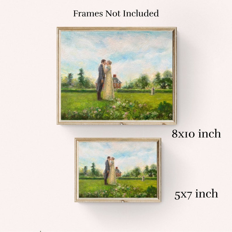Puede incluir: Dos impresiones art&iacute;sticas enmarcadas, 20x25 cm y 13x18 cm, representan a una pareja abraz&aacute;ndose en un jard&iacute;n. La obra de arte presenta a una pareja con ropa de &eacute;poca, una casa y &aacute;rboles. El texto "Frames Not Included" est&aacute; en la parte superior.