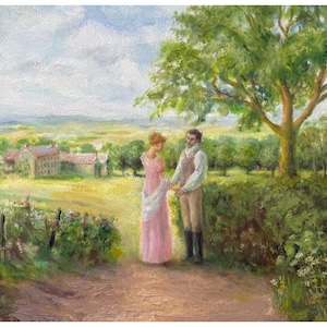 Puede incluir: Una pintura al &oacute;leo representa a una pareja con ropa de &eacute;poca tomados de la mano en un camino. La mujer lleva un vestido rosa y el hombre un chaleco y botas. Un gran &aacute;rbol da sombra, con un paisaje con edificios y campos al fondo.