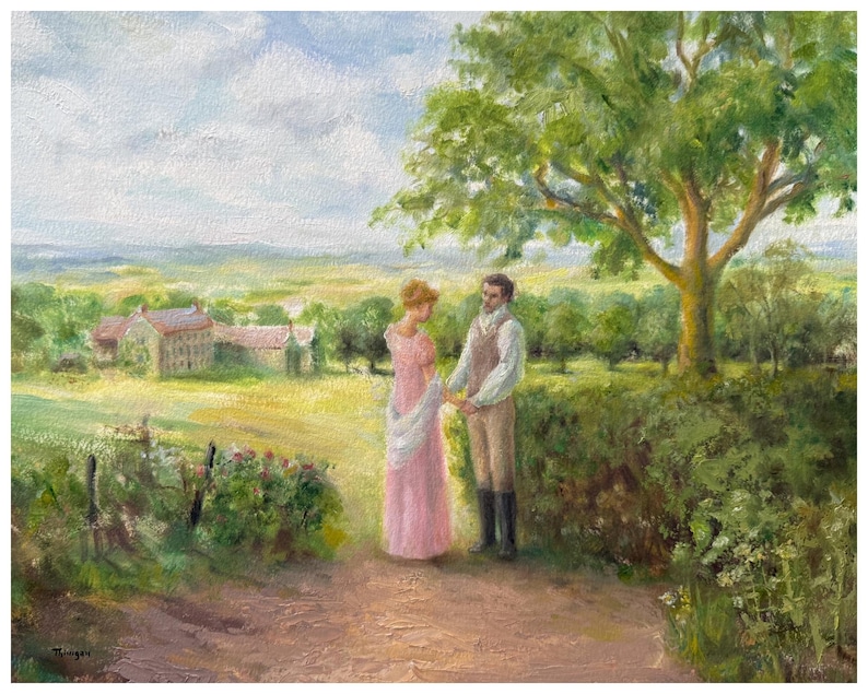 Puede incluir: Una pintura al &oacute;leo representa a una pareja con ropa de &eacute;poca tomados de la mano en un camino. La mujer lleva un vestido rosa y el hombre un chaleco y botas. Un gran &aacute;rbol da sombra, con un paisaje con edificios y campos al fondo.