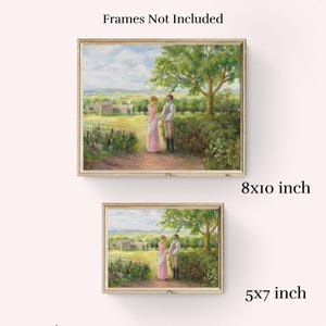 Puede incluir: Dos impresiones enmarcadas de una pintura de paisaje rom&aacute;ntica. La obra representa a una pareja con ropa de &eacute;poca en un camino, con un &aacute;rbol verde y colinas onduladas al fondo. La impresi&oacute;n m&aacute;s grande es de 20x25 cm, y la m&aacute;s peque&ntilde;a es de 13x18 cm. El texto en la parte superior dice "Marcos no incluidos".