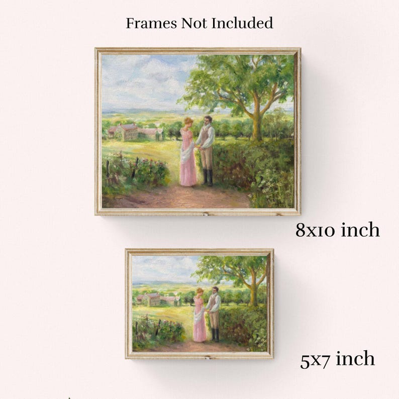 Puede incluir: Dos impresiones enmarcadas de una pintura de paisaje rom&aacute;ntica. La obra representa a una pareja con ropa de &eacute;poca en un camino, con un &aacute;rbol verde y colinas onduladas al fondo. La impresi&oacute;n m&aacute;s grande es de 20x25 cm, y la m&aacute;s peque&ntilde;a es de 13x18 cm. El texto en la parte superior dice "Marcos no incluidos".