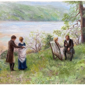 Könnte beinhalten: Ein impressionistisches Gemälde einer Szene am Seeufer. Ein Paar steht am Wasser, während eine Person in einem Stuhl sitzt und ein Mann ein Buch liest. Das Kunstwerk verwendet sanfte Farben und zeigt eine natürliche Landschaft.