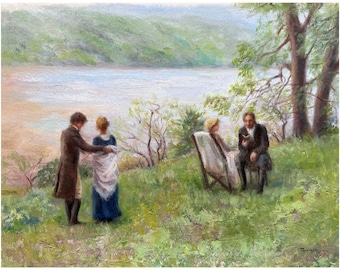 Puede incluir: Pintura impresionista de una escena junto al lago. Una pareja está cerca del agua, mientras otra persona está sentada en una silla y un hombre lee un libro. La obra de arte utiliza colores suaves y representa un paisaje natural.