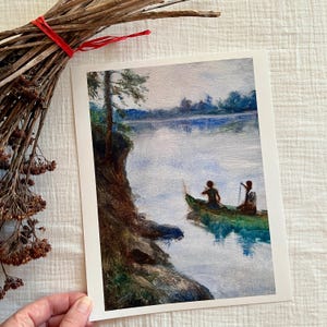 May include: A painting depicting two figures in a boat on a lake. The boat is green and the water is blue. The sky is a pale blue with some clouds. The trees on the shore are green and brown.