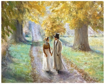 Puede incluir: Una pintura al óleo que muestra a dos figuras caminando por un sendero bordeado de grandes árboles con follaje otoñal amarillo. Una figura viste un vestido blanco largo y un gorro, mientras que la otra lleva un abrigo largo claro y un sombrero de copa.
