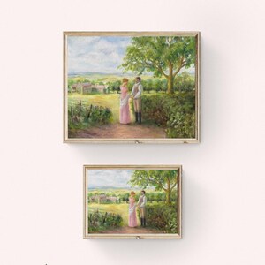 Puede incluir: Dos pinturas de paisaje enmarcadas. Las pinturas representan a una pareja con ropa de &eacute;poca de pie en un camino en un entorno rural. Las pinturas est&aacute;n en marcos dorados y se exhiben en una pared blanca.