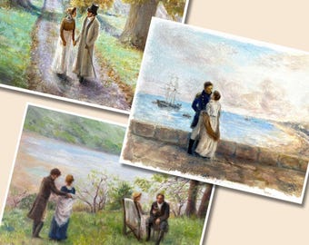 Jane Austen Art Print Trio Set: Pride and Prejudice, Persuasion, Sense and Sensibility
