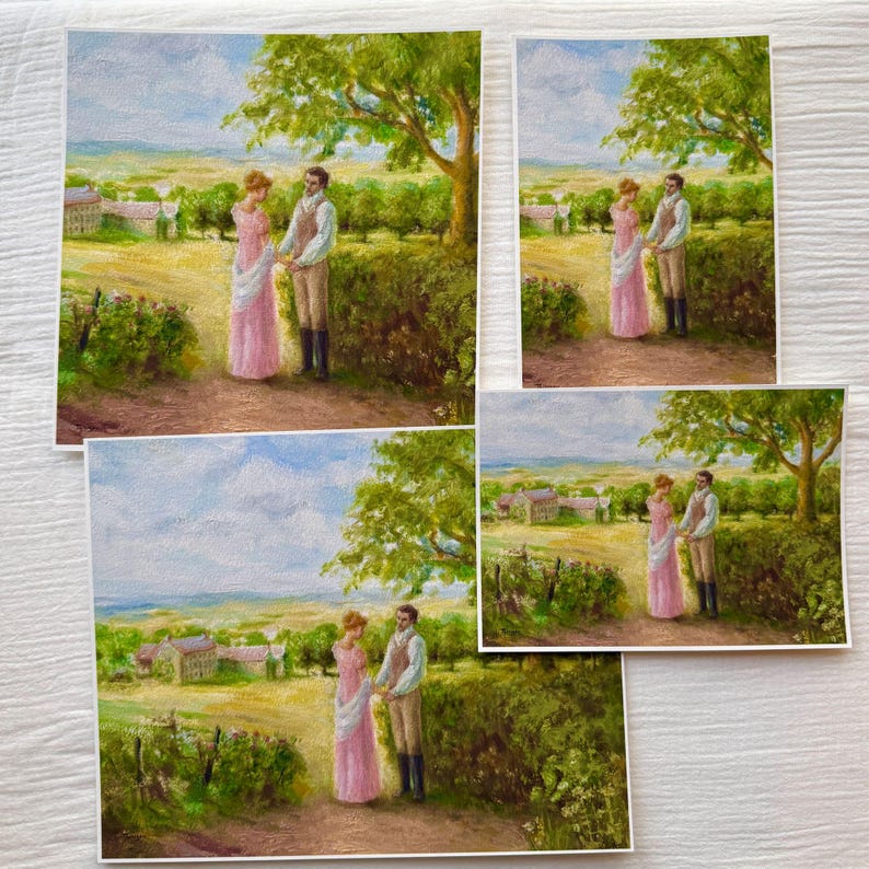 Puede incluir: Juego de cuatro impresiones art&iacute;sticas que representan una escena rom&aacute;ntica de una pareja tomados de la mano en un campo. La obra de arte representa a un hombre y una mujer con ropa de &eacute;poca, con un fondo de colinas y un &aacute;rbol. Las impresiones son de varios tama&ntilde;os.