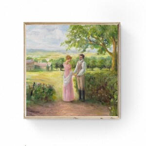 Puede incluir: Pintura enmarcada que representa a una pareja con vestimenta de &eacute;poca tomados de la mano en un camino. La mujer lleva un vestido rosa, y el hombre un chaleco y pantalones. El fondo muestra un paisaje con un &aacute;rbol, un seto y un edificio distante.