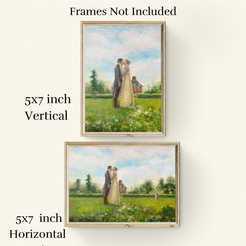 Puede incluir: Dos impresiones enmarcadas de 12,7 x 17,8 cm que representan a una pareja bes&aacute;ndose en un jard&iacute;n. Las impresiones verticales y horizontales muestran a una pareja con ropa formal, una casa y un cielo azul. El texto "Frames Not Included" est&aacute; en la parte superior.