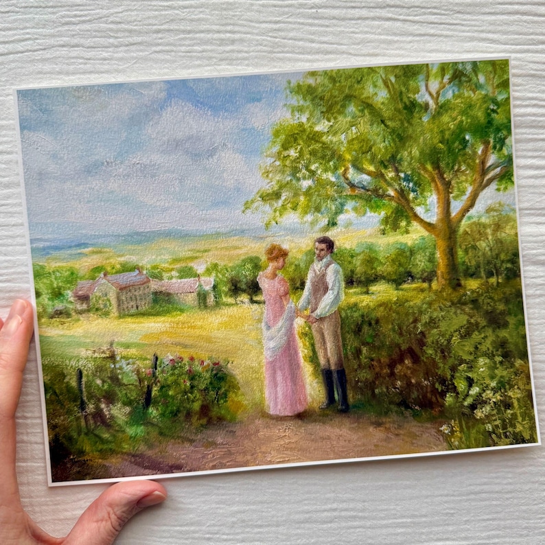 Puede incluir: Una pintura rom&aacute;ntica representa a una pareja con ropa de &eacute;poca en un camino. La mujer lleva un vestido rosa y el hombre un chaleco. Un gran &aacute;rbol y un paisaje con edificios est&aacute;n en el fondo.
