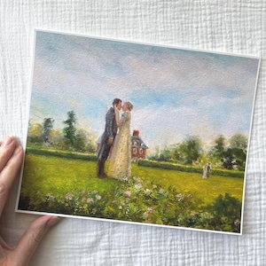 Puede incluir: Impresi&oacute;n de pintura al &oacute;leo que representa a una pareja abraz&aacute;ndose en un campo. El hombre viste un traje oscuro y la mujer un vestido color crema. Una casa de ladrillo rojo al fondo, con un campo verde y cielo azul. Tema rom&aacute;ntico.