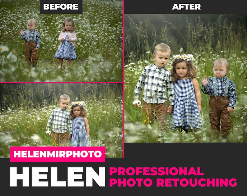 May include: A before and after photo retouching comparison showing three children in a field of white flowers. The before image shows the children with blemishes and imperfections. The after image shows the children with retouched skin and a more polished look. The text "HELENMIRPHOTO HELEN PROFESSIONAL PHOTO RETOUCHING" is displayed at the bottom of the image.