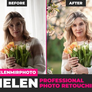 May include: A woman holding a bouquet of orange, yellow, and white tulips. She is wearing a white and brown striped sweater. The image is split, with "BEFORE" and "AFTER" text at the top. The bottom of the image has the text "HELENMIRPHOTO" and "HELEN PROFESSIONAL PHOTO RETOUCHING".