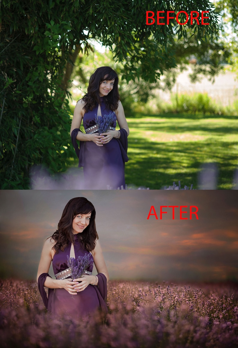 May include: A woman in a purple dress holds a bouquet of lavender flowers in a field of lavender. The sky is a soft orange and pink.