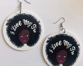 I Love My Fro Earrings| Afrocentric Earrings| African Jewelry|  Wooden Earrings| Big Earrings |Ethnic Jewelry| Black Girl Magic