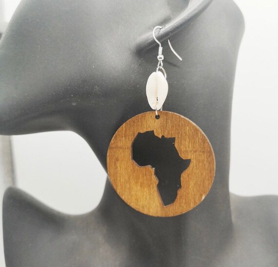 Wooden Africa Earrings Cowrie Shell Earrings Large Africa