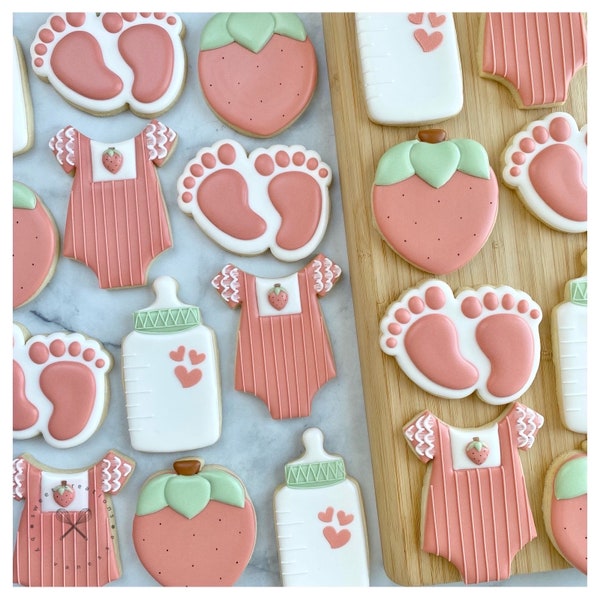 Strawberry Themed Baby Shower Cookies - 12 cookies