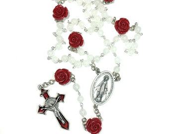 Miraculous Medal Rosary with White and Red Rose Beads