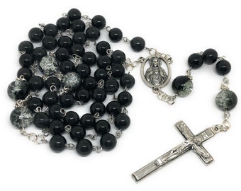 Sacred Heart of Jesus Rosary with Black and Black/Silver Beads