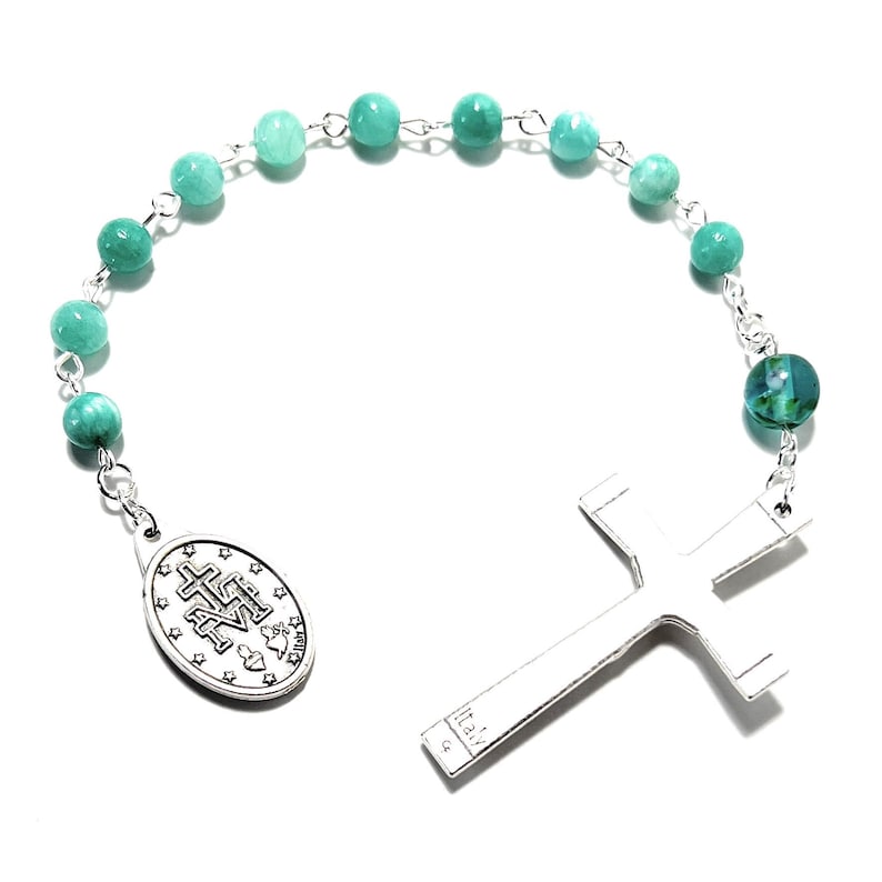 Miraculous Medal One Decade Pocket Rosary With Blue Wood Beads and Natural Pearl