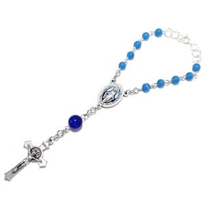 Blue Miraculous Medal 1-Decade Rear View Mirror Car Rosary with Blue Beads
