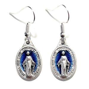 Blue Miraculous Medal (3/4&quot;) Earrings with Optional Bead | Nickel Free Dangle Hook Earrings