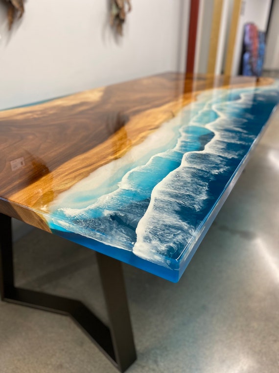 Custom Epoxy Resin Ocean Dining Table With Waves Effect Parota