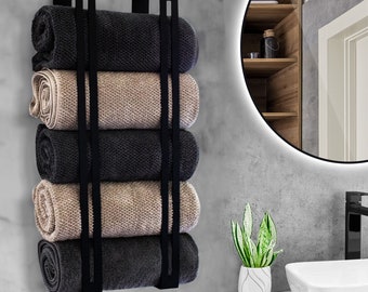 Baru Decor Wall Mounted Towel Rack Holder, Modern Folded Towels Organizer, Bathroom Storage Decor, Towel Vertical Shelf, Black Powder Coated