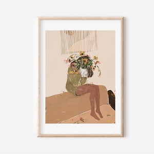 Sunflower Painting Boho Woman Abstract Art Print Female Wall Decor Feminine Wall Art Modern Woman Illustration Girl Fashion Art