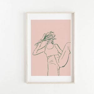 May include: A line drawing of a person holding a bouquet of flowers in front of their face. The drawing is in green on a pink background.