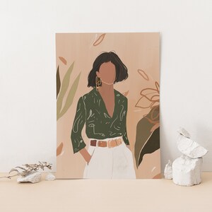 May include: A digital illustration of a person wearing a green patterned shirt with a white collar, white pants, and gold earrings. The person is standing in front of a peach background with green and brown abstract shapes.