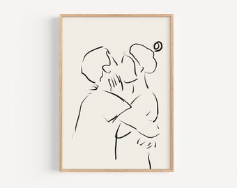 Minimal Abstract One Line Art Couple Poster Figure Drawing Print Simple Line Above Bed Art Continuous Line Drawing Family Couple Hug Print