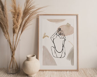 Minimalist Line Drawing Print, Femme Curvy Woman Above Bed Art, Printable Wall Art Boho One Line Drawing, Line Art Fashion Poster