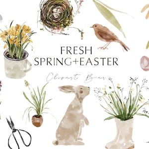Printemps de Pâques Aquarelle Botanique Clipart Moderne Téléchargement Instantané Lapin de Pâques Png Icônes Instagram Autocollants Clipart Numérique